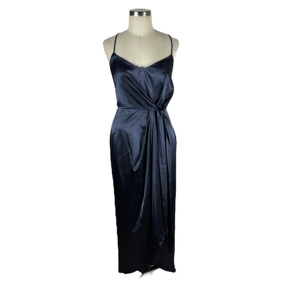 AFTER SIX 6828 Midnight Blue Stretch Charmeuse Draped Midi Dress Size 6R NWT - Picture 2 of 8